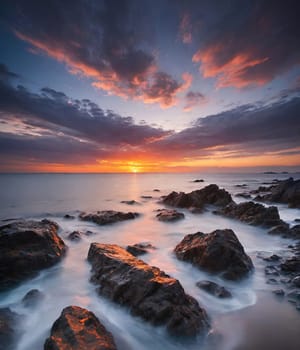 Beautiful sunset over the sea. Seascape. Long exposure.Beautiful seascape at sunset. Dramatic sky over the sea.Beautiful colorful sunset at the beach.Long exposure of sunset over the sea with rocks and colorful sky.Seascape with rocks and water