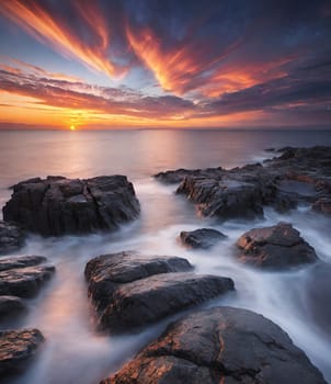 Beautiful sunset over the sea. Seascape. Long exposure.Beautiful seascape at sunset. Dramatic sky over the sea.Beautiful colorful sunset at the beach.Long exposure of sunset over the sea with rocks and colorful sky.Seascape with rocks and water