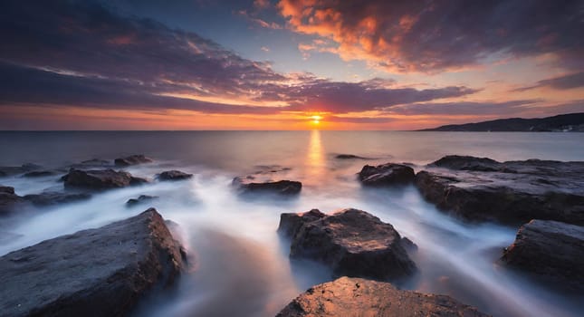 Beautiful sunset over the sea. Seascape. Long exposure.Beautiful seascape at sunset. Dramatic sky over the sea.Beautiful colorful sunset at the beach.Long exposure of sunset over the sea with rocks and colorful sky.Seascape with rocks and water