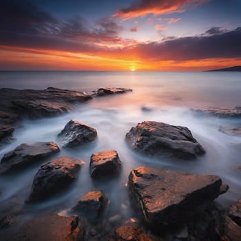 Beautiful sunset over the sea. Seascape. Long exposure.Beautiful seascape at sunset. Dramatic sky over the sea.Beautiful colorful sunset at the beach.Long exposure of sunset over the sea with rocks and colorful sky.Seascape with rocks and water