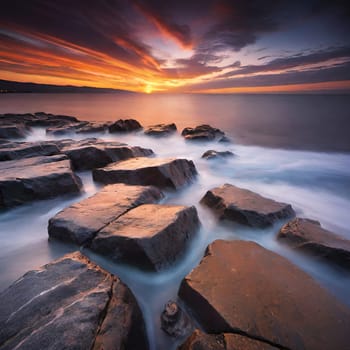 Beautiful sunset over the sea. Seascape. Long exposure.Beautiful seascape at sunset. Dramatic sky over the sea.Beautiful colorful sunset at the beach.Long exposure of sunset over the sea with rocks and colorful sky.Seascape with rocks and water