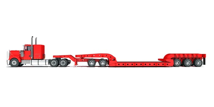 Red Heavy Truck with Lowboy Trailer 3D rendering model on white background