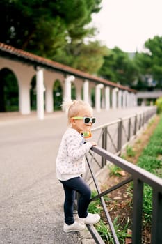 Little girl in sunglasses stands leaning on a fence and looks at the trees in the garden. High quality photo
