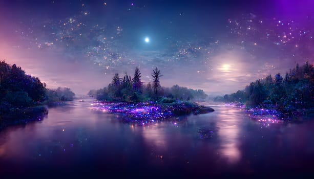 magical night river landscape with bioluminescent blue water, purple particles, starry sky and moon, neural network generated art. Digitally generated image. Not based on any actual scene or pattern.