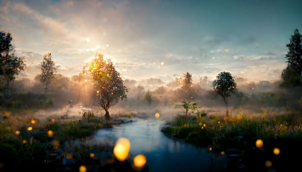 dreamy summer wild riverside morning landscape with fog and glowing particles, neural network generated art. Digitally generated image. Not based on any actual scene or pattern.