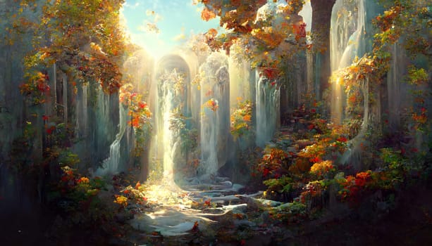 fantasy autumn waterfalls scenery at sunny day, neural network generated art. Digitally generated image. Not based on any actual scene or pattern.