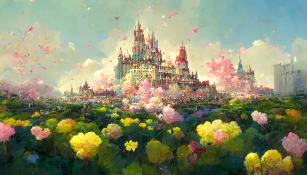 dreamy castles at sunny spring day with pink and yellow flowers in foreground, neural network generated art. Digitally generated image. Not based on any actual scene or pattern.