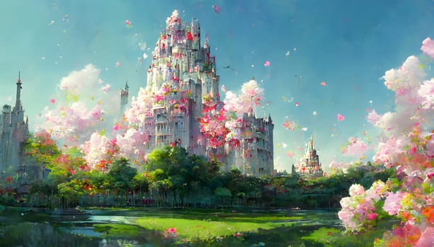 dreamy castles at sunny spring day with pink flowers in foreground, neural network generated art. Digitally generated image. Not based on any actual scene or pattern.
