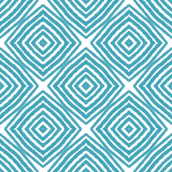 Ikat repeating swimwear design. Turquoise symmetrical kaleidoscope background. Textile ready energetic print, swimwear fabric, wallpaper, wrapping. Summer ikat sweamwear pattern.