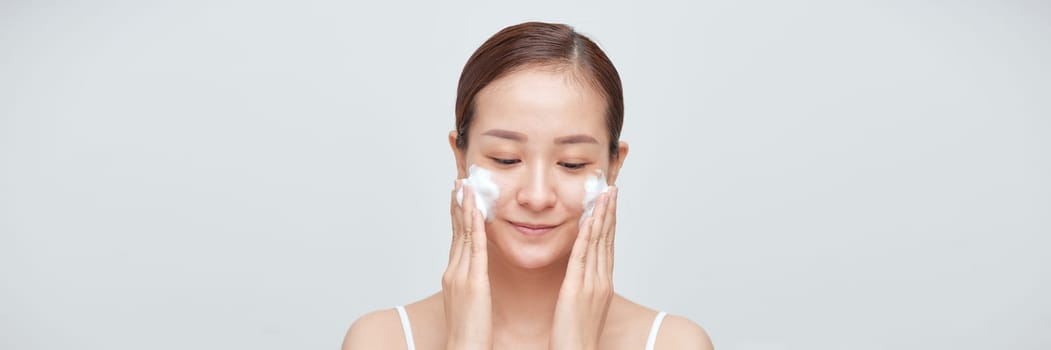 Woman soap face clean skin beauty female concept. Panorama