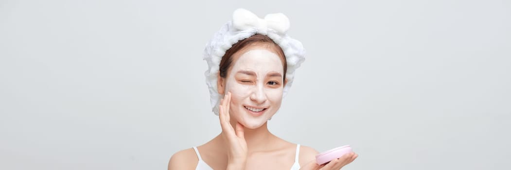 Banner of confident lady in towel on head, using anti-aging procedures