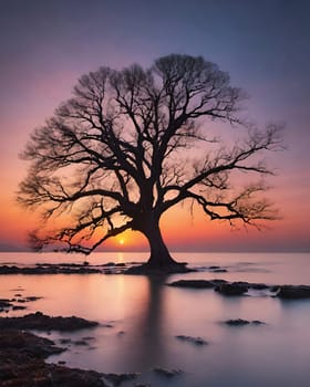 Silhouette of a tree at sunset in a beautiful landscape.Silhouette of a tree on the shore of the lake at sunset.Lonely tree on the beach at sunset. Nature composition.