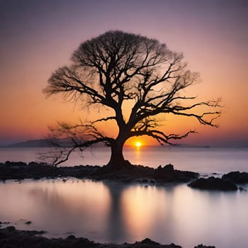 Silhouette of a tree at sunset in a beautiful landscape.Silhouette of a tree on the shore of the lake at sunset.Lonely tree on the beach at sunset. Nature composition.