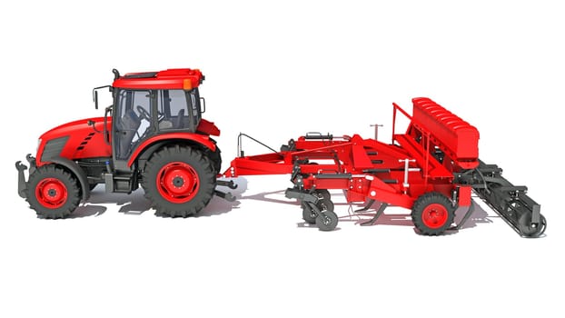 Tractor with Seed Drill farm equipment disc harrow 3D rendering model on white background