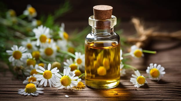 Chamomile essential oil in a small bottle. Selective focus. Nature. Generative AI,