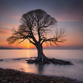 Silhouette of a tree at sunset in a beautiful landscape.Silhouette of a tree on the shore of the lake at sunset.Lonely tree on the beach at sunset. Nature composition.