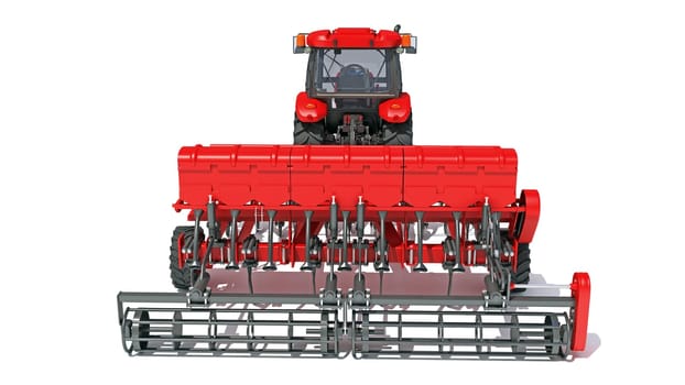 Tractor with Seed Drill farm equipment disc harrow 3D rendering model on white background