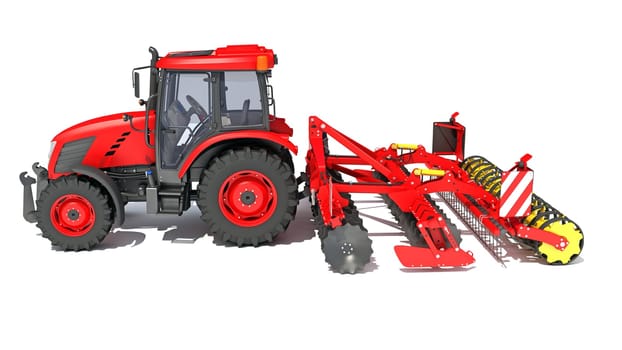 Tractor with Seed Drill farm equipment disc harrow 3D rendering model on white background