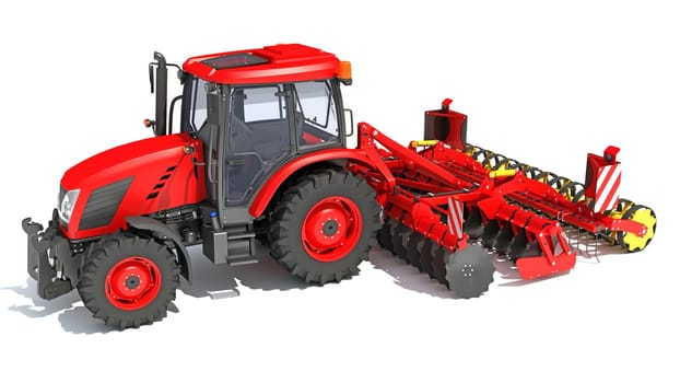 Tractor with Seed Drill farm equipment disc harrow 3D rendering model on white background