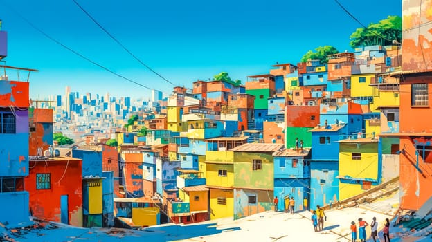 Vibrant favela painting with dynamic brushstrokes and lively colors.