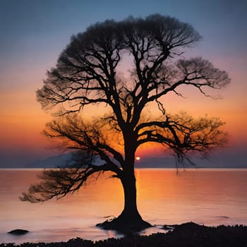 Silhouette of a tree at sunset in a beautiful landscape.Silhouette of a tree on the shore of the lake at sunset.Lonely tree on the beach at sunset. Nature composition.