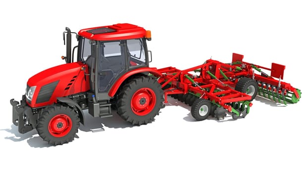 Tractor with Seed Drill farm equipment disc harrow 3D rendering model on white background