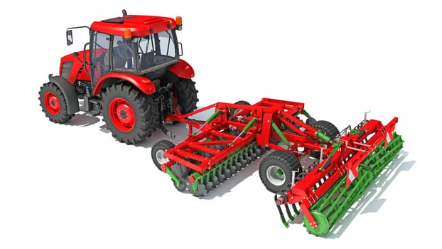 Tractor with Seed Drill farm equipment disc harrow 3D rendering model on white background