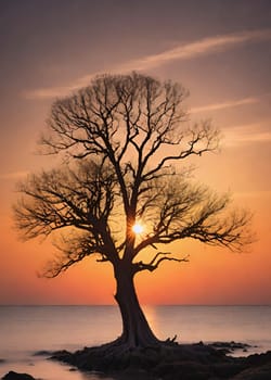 Silhouette of a tree at sunset in a beautiful landscape.Silhouette of a tree on the shore of the lake at sunset.Lonely tree on the beach at sunset. Nature composition.