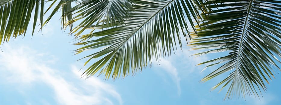 Palm leaf against the sky on tropical island. selective focus. nature. Generative AI,