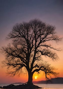 Silhouette of a tree at sunset in a beautiful landscape.Silhouette of a tree on the shore of the lake at sunset.Lonely tree on the beach at sunset. Nature composition.