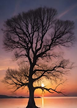 Silhouette of a tree at sunset in a beautiful landscape.Silhouette of a tree on the shore of the lake at sunset.Lonely tree on the beach at sunset. Nature composition.