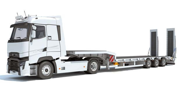 Heavy Truck with Lowboy Trailer 3D rendering model on white background