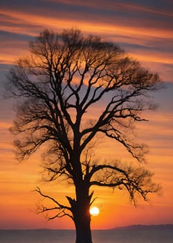 Silhouette of a tree at sunset in a beautiful landscape.Silhouette of a tree on the shore of the lake at sunset.Lonely tree on the beach at sunset. Nature composition.