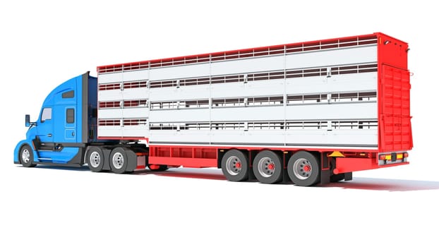 Truck with Animal Transporter Trailer 3D rendering model on white background