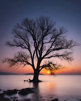 Silhouette of a tree at sunset in a beautiful landscape.Silhouette of a tree on the shore of the lake at sunset.Lonely tree on the beach at sunset. Nature composition.