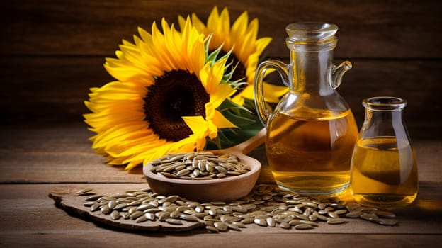 Sunflower seeds and oil bottle on old wooden background. Selective focus. nature Generative AI,