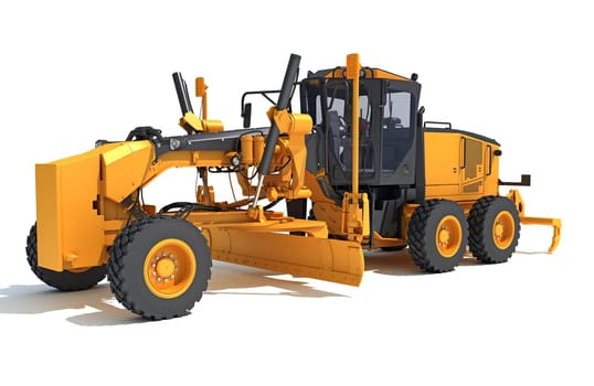 Motor Grader heavy construction machinery 3D rendering model on white background