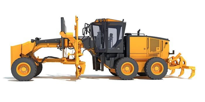 Motor Grader heavy construction machinery 3D rendering model on white background