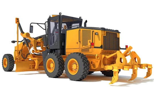 Motor Grader heavy construction machinery 3D rendering model on white background