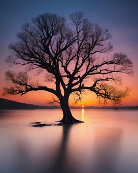 Silhouette of a tree at sunset in a beautiful landscape.Silhouette of a tree on the shore of the lake at sunset.Lonely tree on the beach at sunset. Nature composition.