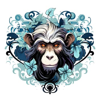 Portrait of a monkey surrounded by flowers and plants in decorative art style. Template for t-shirt print, poster, sticker, design element, etc.