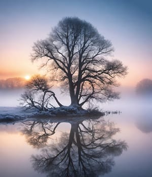 Silhouette of a tree at sunset in a beautiful landscape.Silhouette of a tree on the shore of the lake at sunset.Lonely tree on the beach at sunset. Nature composition.