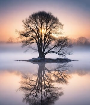 Silhouette of a tree at sunset in a beautiful landscape.Silhouette of a tree on the shore of the lake at sunset.Lonely tree on the beach at sunset. Nature composition.