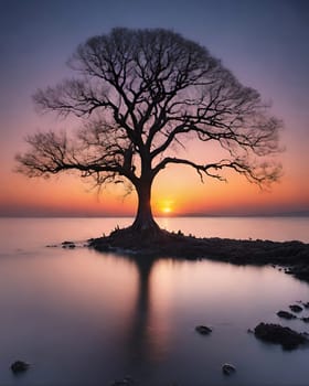 Silhouette of a tree at sunset in a beautiful landscape.Silhouette of a tree on the shore of the lake at sunset.Lonely tree on the beach at sunset. Nature composition.