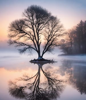 Silhouette of a tree at sunset in a beautiful landscape.Silhouette of a tree on the shore of the lake at sunset.Lonely tree on the beach at sunset. Nature composition.