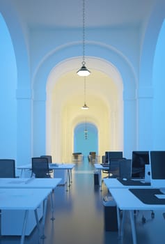 Interior of office with blue walls and arch. 3D rendering.