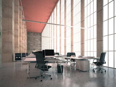Interior of modern office hall with concrete floor, panoramic window and daylight. 3D Rendering