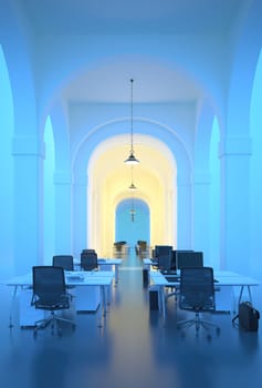 Interior of office with blue walls and arch. 3D rendering.