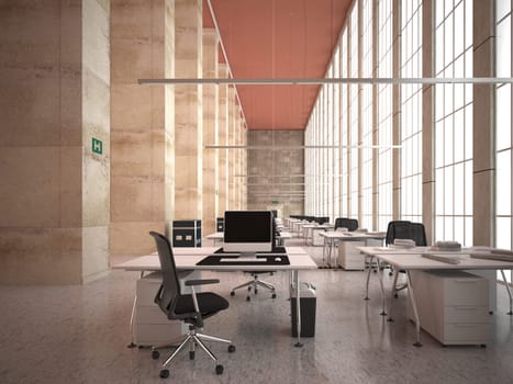 Interior of modern office hall with concrete floor, panoramic window and daylight. 3D Rendering