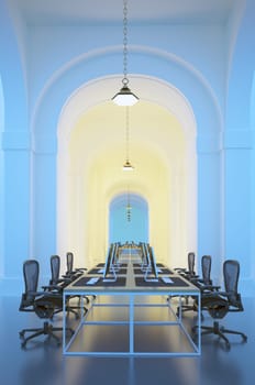 Interior of office with blue walls and arch. 3D rendering.